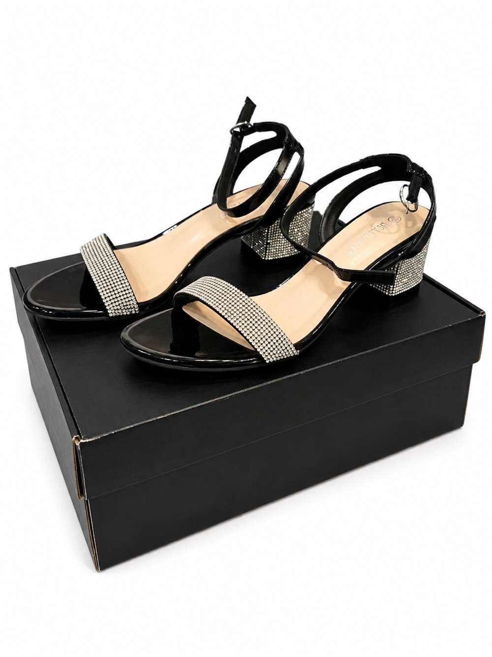 Delicacy Black Patent Low Block Heel Sandals with Rhinestone Trim